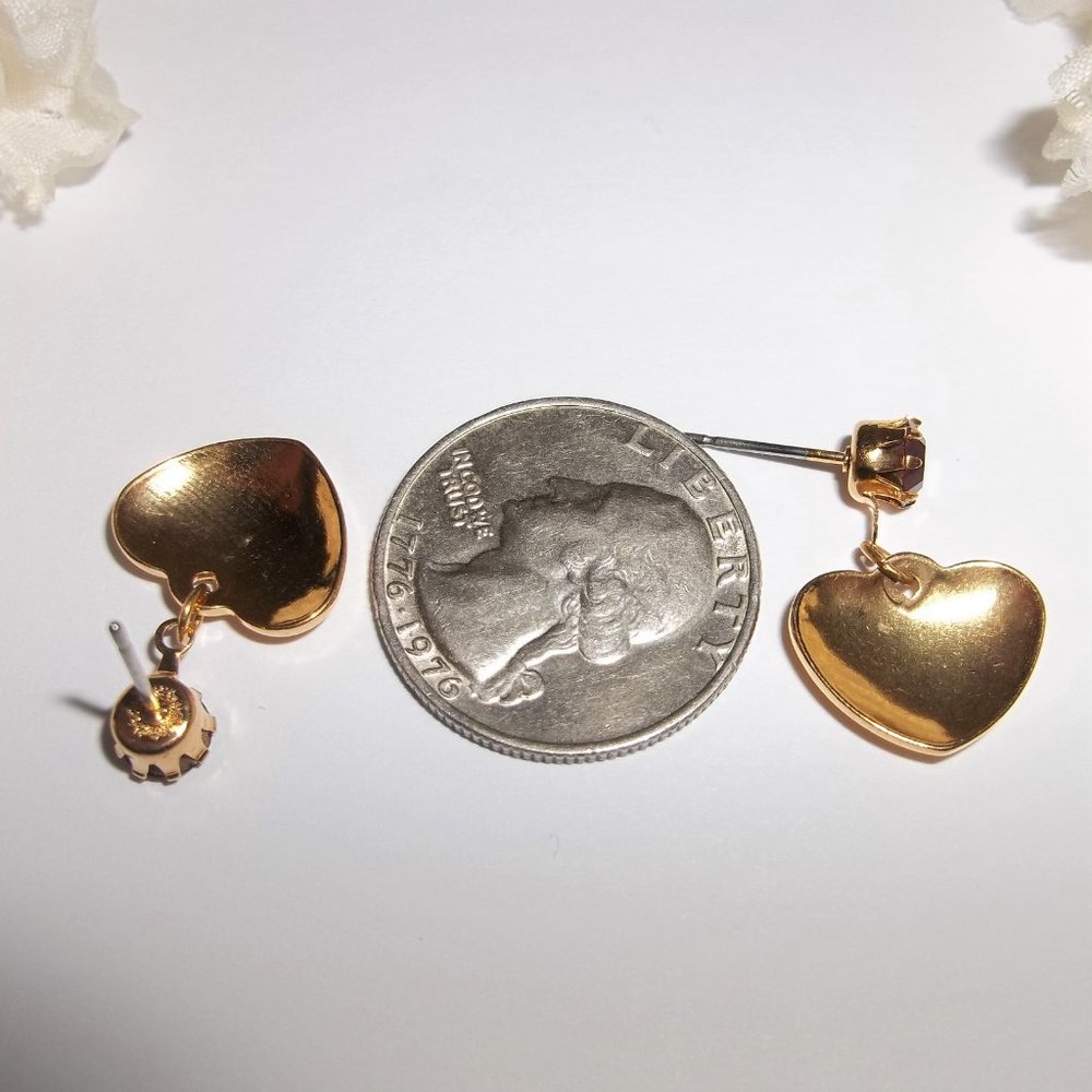 Pre-owned Heart Earrings Gold & Faux Ruby Red Post Stud Dangle Drop Jewelry A209 - Picture 4 of 4
